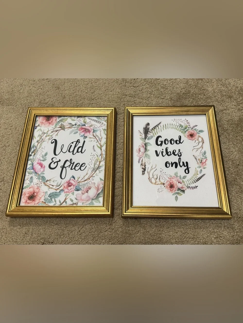 Set of 2 Floral 'Good Vibes Only' and 'Wild & Free' Gold Framed Wall Art 8x10